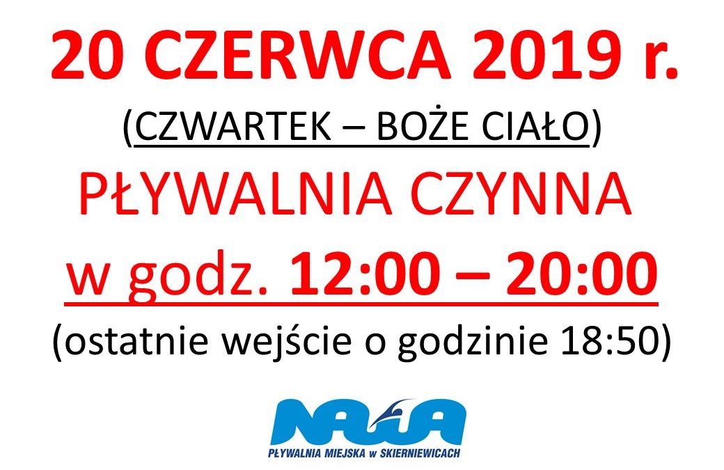 GODZINY PRACY PŁYWALNI W BOŻE CIAŁO 2019